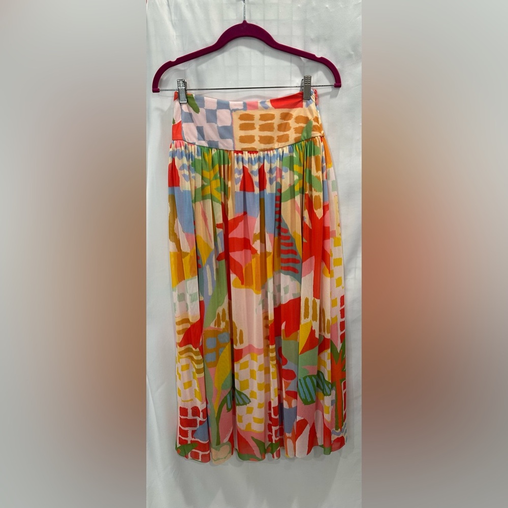 FARM Rio Red and Pink Midi A-Line Skirt size XS